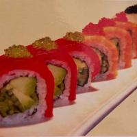 Tri Color Roll · Tuna, salmon, yellowtail, avocado, cucumber and three kinds of flying fish roe.