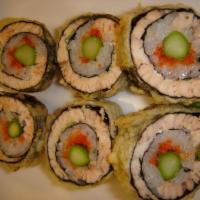 Salmon Tempura Roll · Salmon, asparagus and flying fish roe served in deep-fried tempura batter and eel sauce.