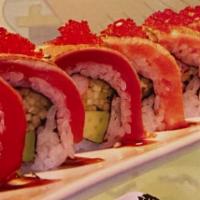 Triple Torch Roll · Raw. Torched tuna, salmon, yellowtail, and flying-fish roe on top of California roll.
