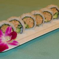 Salmon Monster Roll · Baked salmon, crab, avocado, cucumber, flying fish roe, lettuce and spicy mayo.
