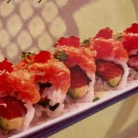 Double Spicy Salmon Roll · Spicy salmon, avocado. Topped Spicy salmon, flying fish roe, tempura flake and scallion.