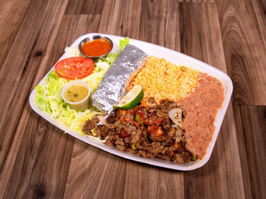 Bistek a La Mexicana · Carne Asada Strips grilled with sliced Jalapeño Peppers, Onions, Tomatoes. Served with sides of Salad, Refried Beans, Rice, Tortillas & Salsa.
