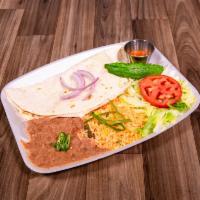 Quesadilla Plate · Prepared the traditional way, 2 Handmade Corn Tortillas filled with cheese & choice of meat,...
