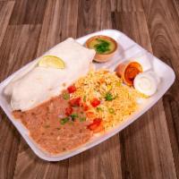 Burrito Plate · Refried Beans, Rice, Lettuce, Tomato, Queso Fresco, Onions, Cilantro, & your choice of meat ...