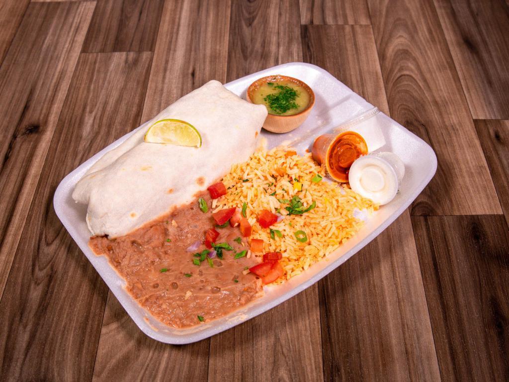 Burrito Plate · Refried Beans, Rice, Lettuce, Tomato, Queso Fresco, Onions, Cilantro, & your choice of meat rolled into a Burrito on a 14 inch Tortilla. Served with sides of Salad, Rice, Refried Beans, Sour Cream. & Salsa.