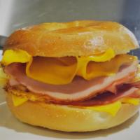 Ham & Egg Bagel Sandwich · Thinly Sliced Honey Ham, Fried Eggs, Melted American Cheese