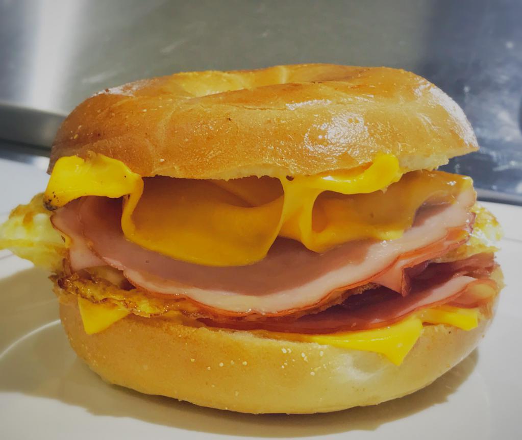 Ham & Egg Bagel Sandwich · Thinly Sliced Honey Ham, Fried Eggs, Melted American Cheese