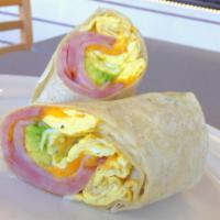 Ham and Egg Breakfast Burrito · Honey Ham, Eggs and Melted Cheese Served with Chips& Sala