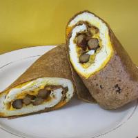 Links & Cheese Breakfast Burrito · Breakfast links, melted American cheese, scrambled eggs wrapped in flour tortilla. Served wi...