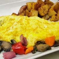 Veggie Omelet · Mushroom, zucchini, bell pepper, onions, celery, carrot and melted provolone cheese. Served ...