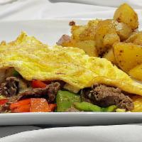 Philly Omelet · Sirloin beef, onion, bell peppers and melted pepper jack cheese. Served with toast and home ...