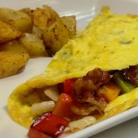 Farmer Omelet · Crispy bacon, onions, bell pepper and cilantro. Served with toast and home style potatoes.
