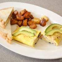 California Omelet · Turkey, avocado, nori and melted pepper jack cheese. Served with toast and home style potato...