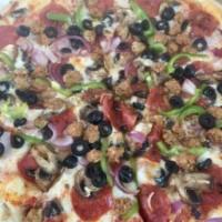Deluxe Pizza · Pepperoni, mushrooms, Italian sausage, black olives, bell peppers, onions and mozzarella che...
