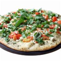 Mediteranian Pizza · Extra thin crust, white sauce, feta cheese, diced tomatoes, oregano, fresh cilantro and fres...