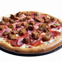 Meat Lover Pizza · Homemade tomato sauce, mozzarella cheese, pepperoni, salami, Canadian bacon, prosciutto, sau...