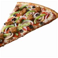 Deluxe Pizza Slice · Homemade tomato sauce, mozzarella cheese, pepperoni, mushrooms, red onions, black olives, gr...