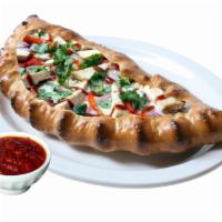 BBQ Chicken Calzone · Grilled chicken breast with mozzarella cheese, BBQ sauce, red onions, red bell peppers and c...