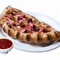 Meat Lover's Calzone · Homemade tomato sauce, mozzarella cheese, pepperoni, salami, Canadian bacon, prosciutto, sau...