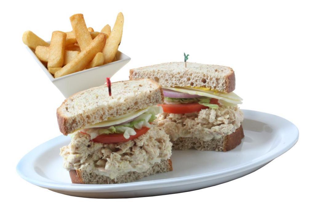 Albacore Tuna Sandwich · Albacore tuna, lettuce, vine tomatoes, red onions, provolone cheese, mayo and mustard on wheat bread. Served with your choice of side.