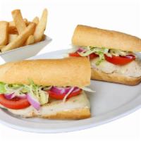 Grilled Chicken Breast Sandwich · Red onions, provolone cheese, vine tomatoes, lettuce, mayo and mustard on Amoroso's roll. Se...