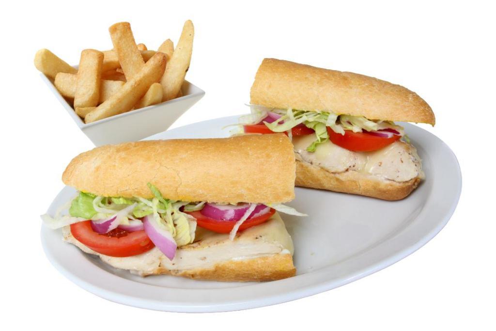 Grilled Chicken Breast Sandwich · Red onions, provolone cheese, vine tomatoes, lettuce, mayo and mustard on Amoroso's roll. Served with your choice of side.