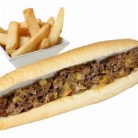 Philly Cheese Steak Sandwich · Grilled white onions, green peppers, provolone cheese, American cheese and steak on Amoroso'...