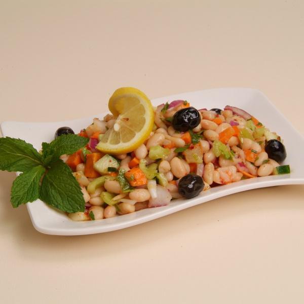 Beans Salad · White beans tossed with tomatoes, sliced red onion, carrots, cucumber, parsley, lemon juice and olive oil. Dairy free. Vegan. Gluten free. Vegetarian.