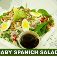 Spinach Salad · Large. Fresh spinach leaves, sliced mushrooms, blue cheese, avocado, red onions, boiled egg,...