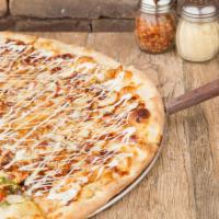 BBQ Chicken Bacon Pizza · Chicken, bacon, and mozzarella cheese drizzled with homemade ranch dressing.