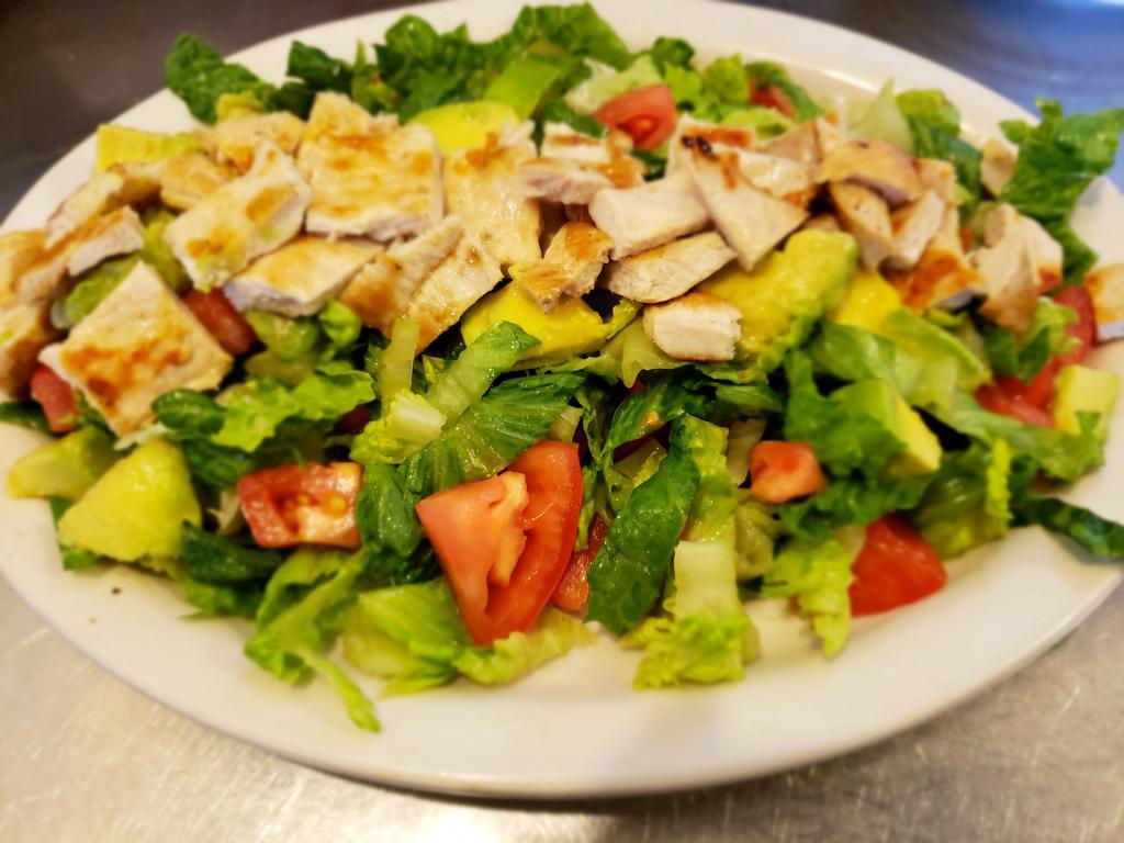 House Salad · Lettuce, tomatoes, onions, avocado and grilled chicken breast.