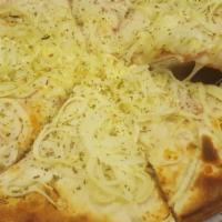 Fugazzeta Rellena Pizza · Stuffed pizza with fresh mozzarella cheese, ham, onions, Parmesan cheese and oregano.