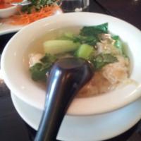 Shrimp Wonton Soup · Shrimp wrapped with wonton skin and baby bok choy in clear broth.
