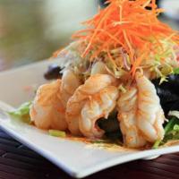Naked Shrimp Salad · Grilled shrimps mixed with lettuce, spring mix, scallions, exotic Thai chili paste and house...