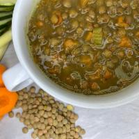 Lentil Soup · lentil carrots onions celery in a natural lentil broth, Served with homemade garlic bread.