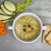 Vegetable Barley Soup · carrots onions celery with fresh barley & cilantro, in a clear broth, Served with homemade g...