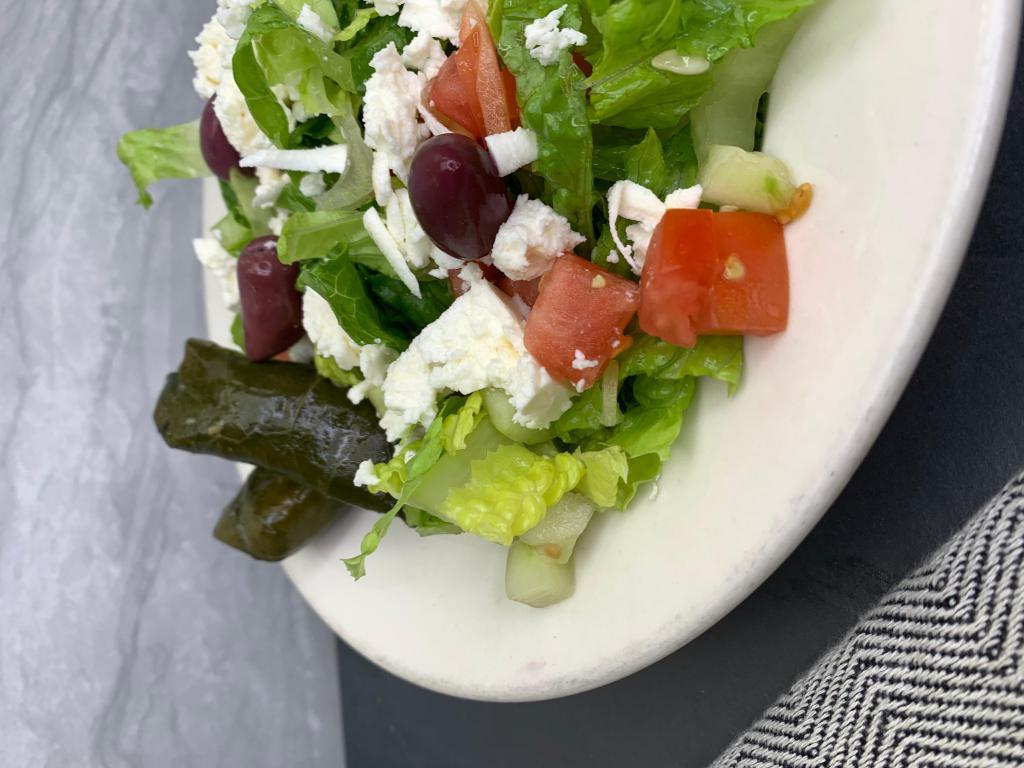 Greek Salad · lettuce, tomatoes, cucumbers, red onions, Kalamata olives, feta cheese, stuffed grape leaves. Served with balsamic vinaigrette dressing
 on the side. Served with homemade garlic bread.
