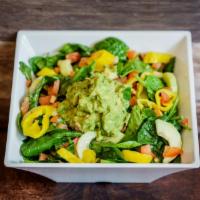 Healthy Delight · Spinach, tomato, cucumber, banana peppers, avocado, mixed in with lemon vinaigrette and hone...