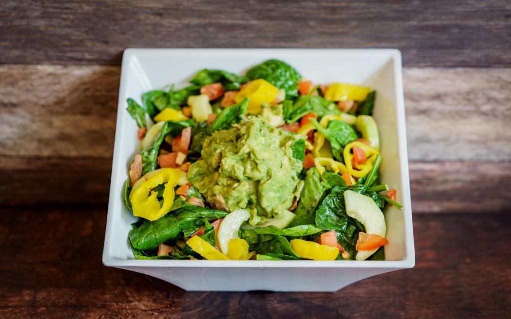 Healthy Delight · Spinach, tomato, cucumber, banana peppers, avocado, mixed in with lemon vinaigrette and honey mustard.