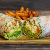 Spinach Avocado Wrap · Grilled chicken, baby spinach, tomatoes, avocado, banana peppers with lemon vinaigrette and ...