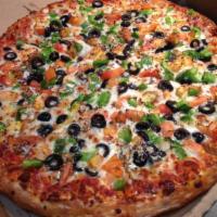 Veggie Pizza · Bell peppers, black olives, mushrooms, red onions and tomato.