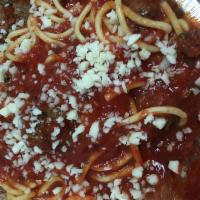 Spaghetti with Meatballs · Signature red sauce with meatballs topped with mozzarella cheese.