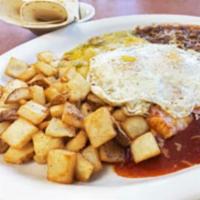Enchilada Rancheros Platter Breakfast · Comes with 2 cheese enchiladas. Served with pan fried potatoes, slow cooked pinto beans, 2 e...