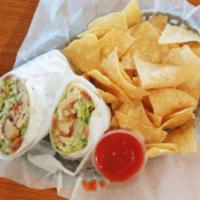 ABQ Chicken Wrap with Chips and Salsa · Crispy chicken, bacon, cheddar and Jack cheese, lettuce, tomato, guacamole with creamy ranch...