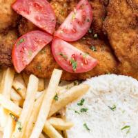 Milanesa de Pollo · Breaded chicken breast milanesa style, served with rice and french fries.