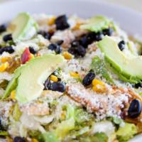 BBQ Southwest Chicken Salad · Delightful southwest spices tossed with roasted BBQ chicken, pepitas, corn and peppers mix, ...
