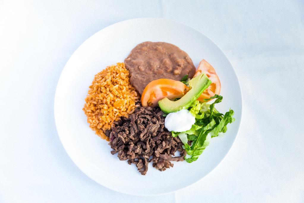 Mexican Plate · Your choice of meat. Served with rice, beans. lettuce, tomato, avocado, sour cream, and flour or corn tortillas.