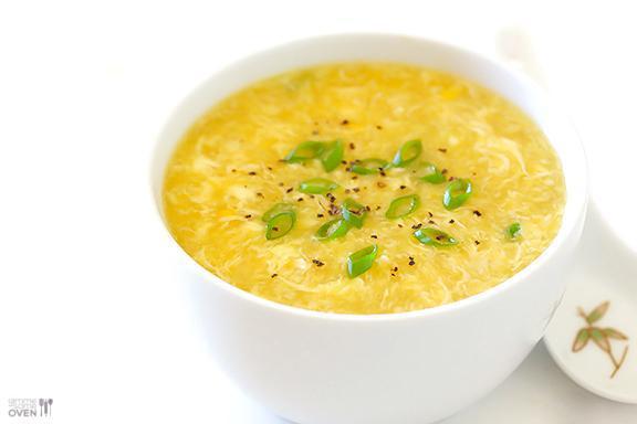 Egg Drop Soup · Peas and carrots, and egg in chicken broth