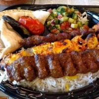 Antonio's Combo Plate · Marinated chicken breast and beef lule. Served with basmati rice, grilled tomato, jalapeno, ...