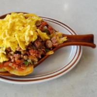 Meatlovers Skillet · Potatoes, ham, bacon, sausage, green peppers, onions, cheddar Jack cheese topped with eggs a...